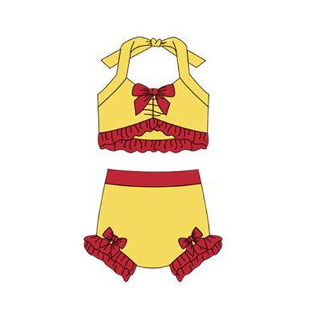 MOQ 5 PCS Preorder S0689 Yellow Red Ruffle Bows Color-Blocked Halter Top with Bubble Bummies Girls Swim Sets Swimsuits 202512