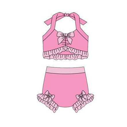 MOQ 5 PCS Preorder S0691 Pink Ruffle Bows Color-Blocked Halter Top with Bubble Bummies Girls Swim Sets Swimsuits 202512