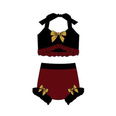MOQ 5 PCS Preorder S0692 Dark Red Black Orange Ruffle Bows Color-Blocked Halter Top with Bubble Bummies Girls Swim Sets Swimsuits 202512