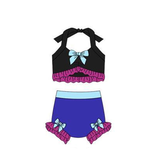 MOQ 5 PCS Preorder S0693 Blue Black Purple Ruffle Bows Color-Blocked Halter Top with Bubble Bummies Girls Swim Sets Swimsuits 202512