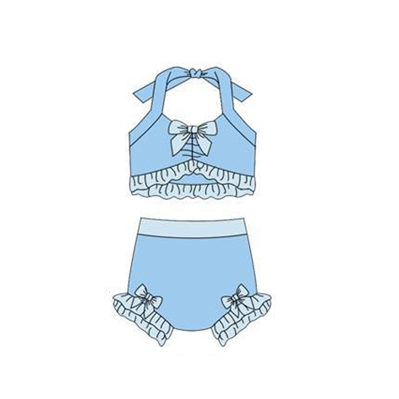 MOQ 5 PCS Preorder S0694 Blue Ruffle Bows Halter Top with Bubble Bummies Girls Swim Sets Swimsuits 202512