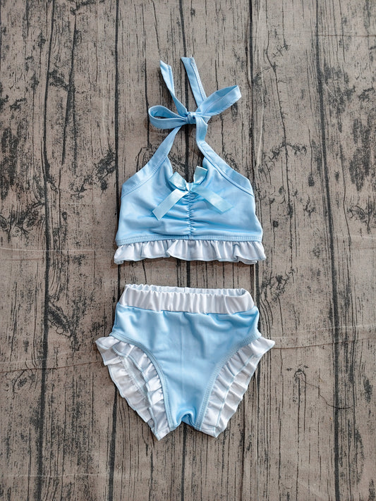 NO MOQ Preorder S0694 Blue Ruffle Bows Halter Top with Bubble Bummies Girls Swim Sets Swimsuits 202604