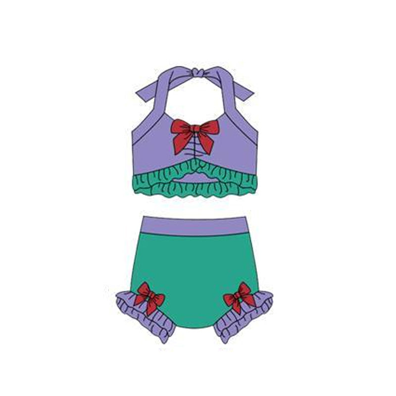 MOQ 5 PCS Preorder S0695 Purple Red Green Ruffle Bows Color-Blocked Halter Top with Bubble Bummies Girls Swim Sets Swimsuits 202512