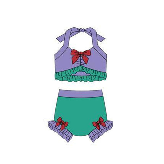 MOQ 5 PCS Preorder S0695 Purple Red Green Ruffle Bows Color-Blocked Halter Top with Bubble Bummies Girls Swim Sets Swimsuits 202512