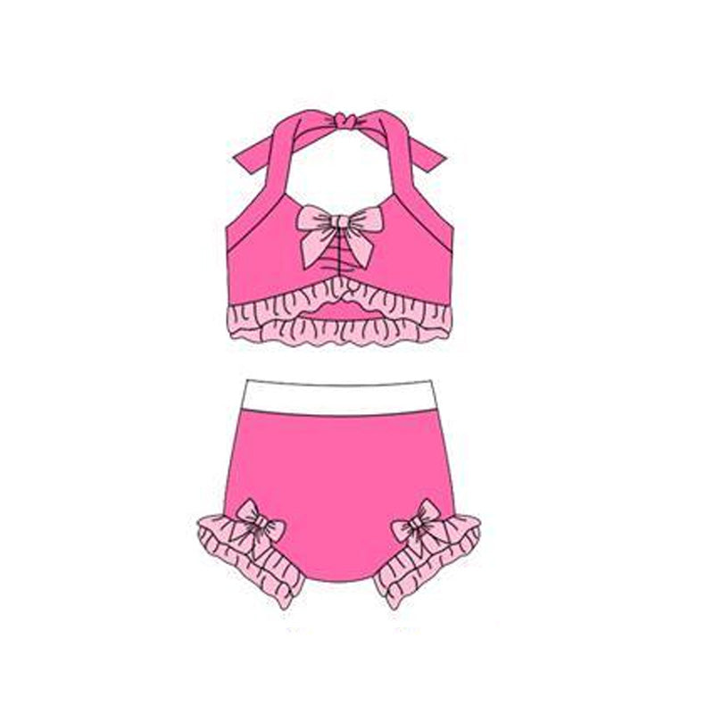 MOQ 5 PCS Preorder S0696 Pink Rose Red Ruffle Bows Color-Blocked Halter Top with Bubble Bummies Girls Swim Sets Swimsuits 202512