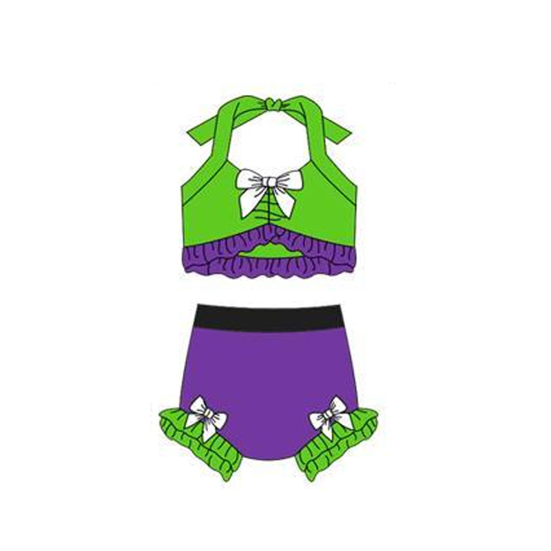 MOQ 5 PCS Preorder S0699 Green Purple Ruffle Bows Color-Blocked Halter Top with Bubble Bummies Girls Swim Sets Swimsuits 202512