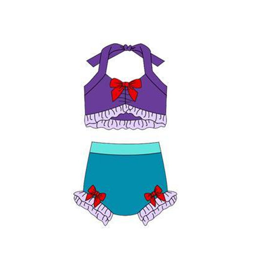 MOQ 5 PCS Preorder S0700 Purple Red Blue Green Ruffle Bows Color-Blocked Halter Top with Bubble Bummies Girls Swim Sets Swimsuits 202512