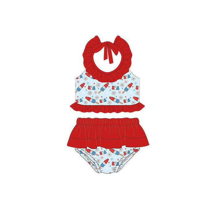 MOQ 5 PCS Preorder S0705 4th of July USA Flower Ice Cream Red Ruffle Halter Top Bubble Bummies Girls Swim Sets Swimsuits 202512