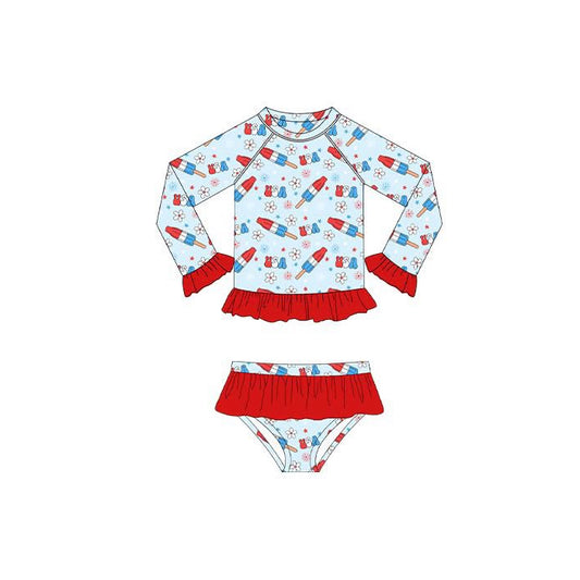 MOQ 5 PCS Preorder S0706 4th of July USA Flower Ice Cream Red Ruffle Long Sleeve Top Bubble Bummies Girls Swim Sets Swimsuits 202512
