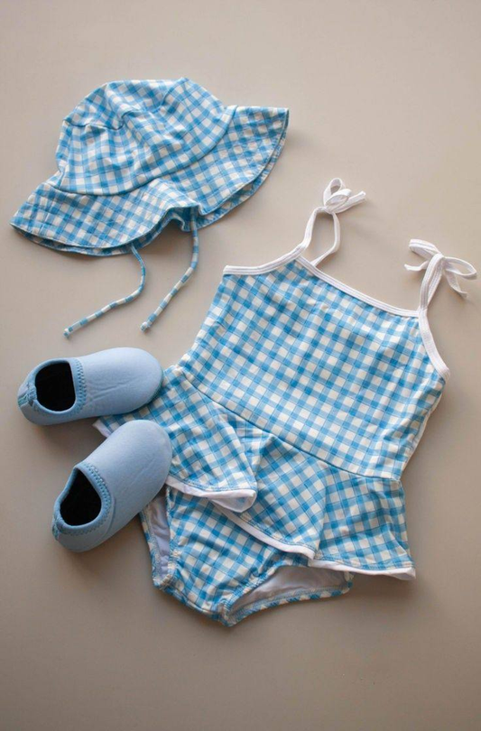 MOQ 5 PCS Preorder S0711 Blue White Plaid Ruffle Sleeveless Bubble Romper Girls Swimsuits 202601