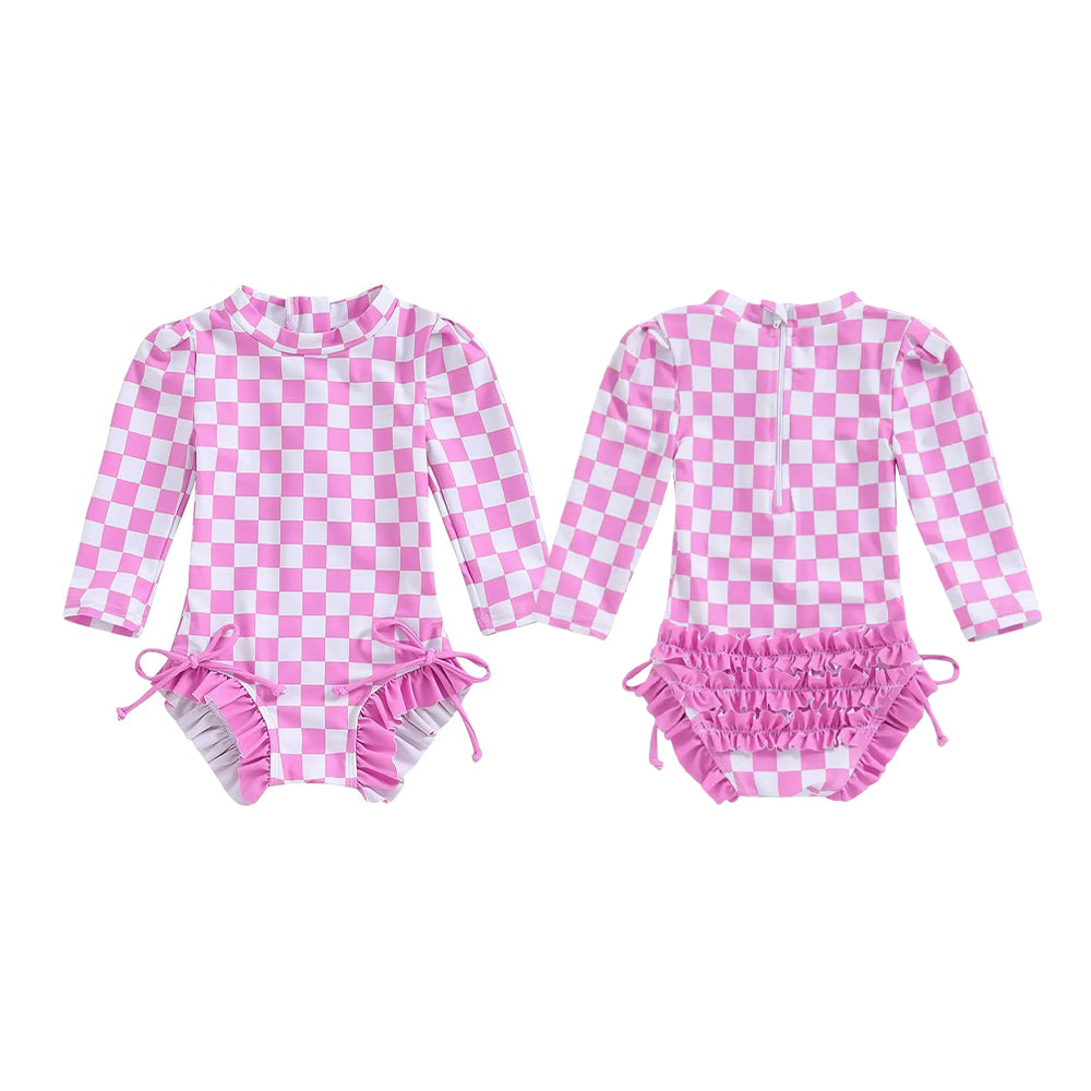 MOQ 5 PCS Preorder S0715 Rose Red Plaid Ruffle Zip Long Sleeve Bubble Romper Girls Swimsuits 202601
