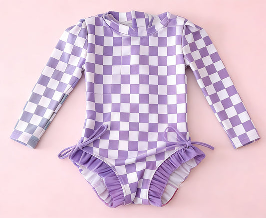 MOQ 5 PCS Preorder S0716 Purple Plaid Ruffle Zip Long Sleeve Bubble Romper Girls Swimsuits 202601
