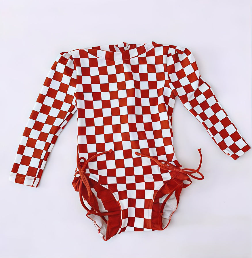 MOQ 5 PCS Preorder S0717 Red Plaid Ruffle Zip Long Sleeve Bubble Romper Girls Swimsuits 202601