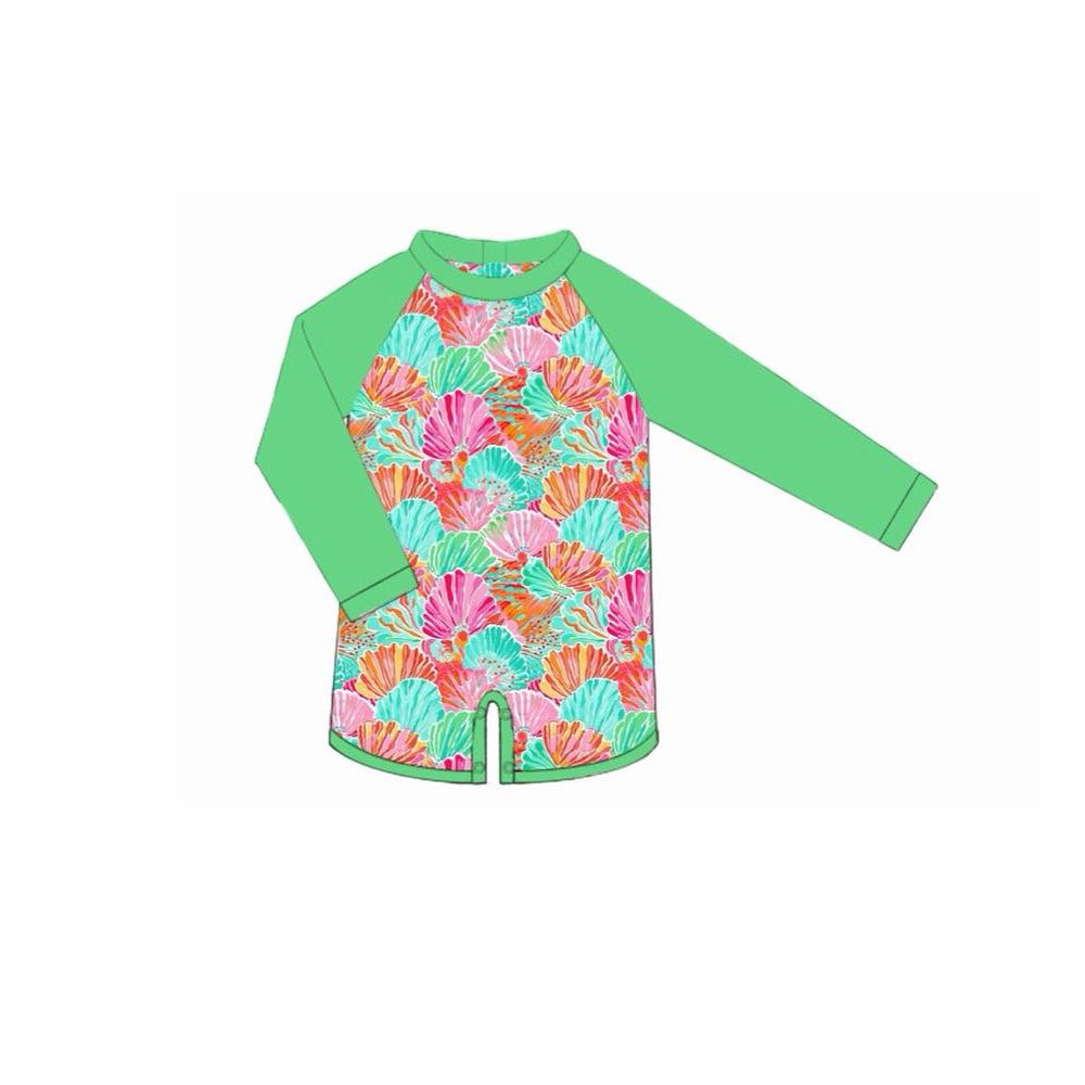 MOQ 5 PCS Preorder S0720 Colorful Seashell Green Zipper Long Sleeve Romper Boys Swimsuits 202601