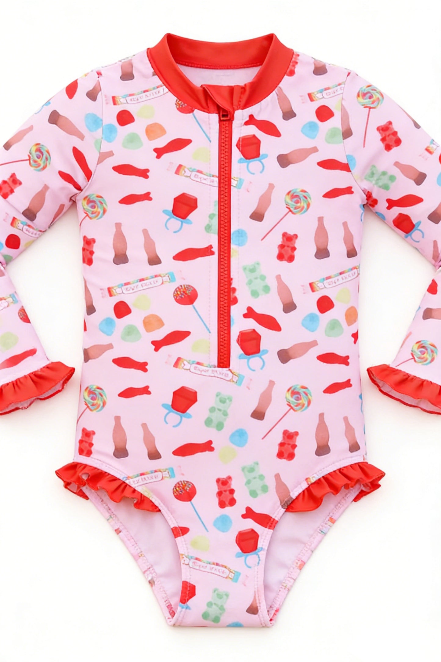 MOQ 5 PCS Preorder S0725 Lollipop Fish Soft Candy Red Ruffle Zipper Pink Long Sleeve Bubble Romper Girls Swimsuits 202601