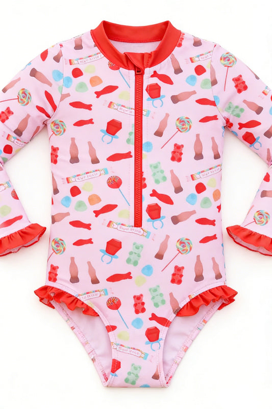 MOQ 5 PCS Preorder S0725 Lollipop Fish Soft Candy Red Ruffle Zipper Pink Long Sleeve Bubble Romper Girls Swimsuits 202601
