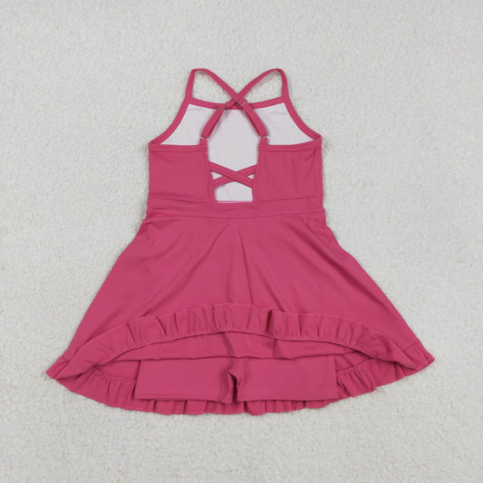 S0727 Solid Rose Red Halter Yoga Dresses for Girls 202603 RTS