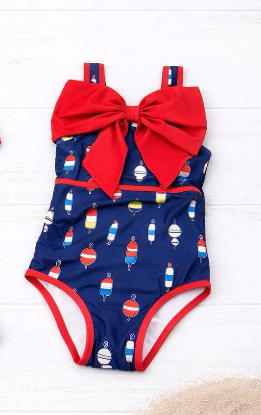 MOQ 5 PCS Preorder S0729 Red Big Bow Fish Float Pattern Blue Sleeveless Bubble Romper Girls Swimsuits 202601