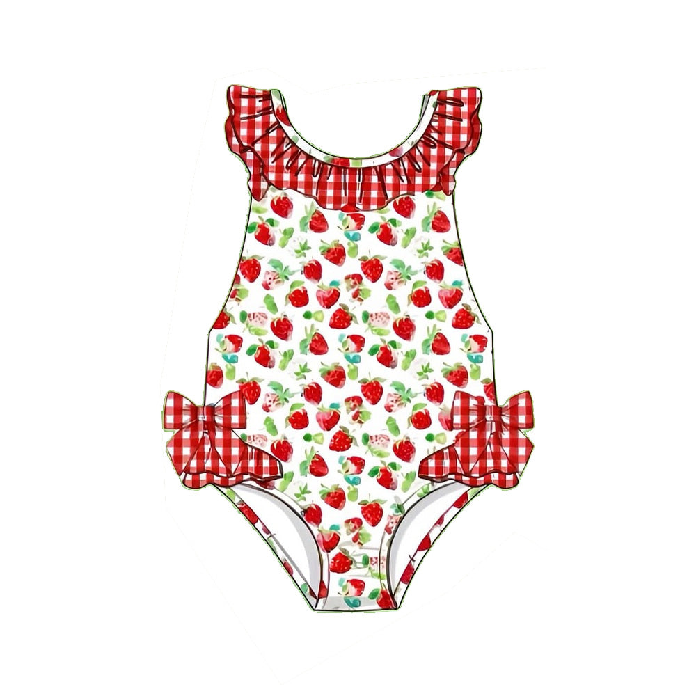 MOQ 5 PCS Preorder S0730 Strawberry Red Plaid Ruffle Sleeveless Bubble Romper Girls Swimsuits 202601