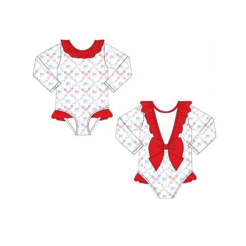 MOQ 5 PCS Preorder S0733 4th of July Red Blue Flower Bows Red Ruffle Long Sleeve Bubble Romper Girls Swimsuits 202602