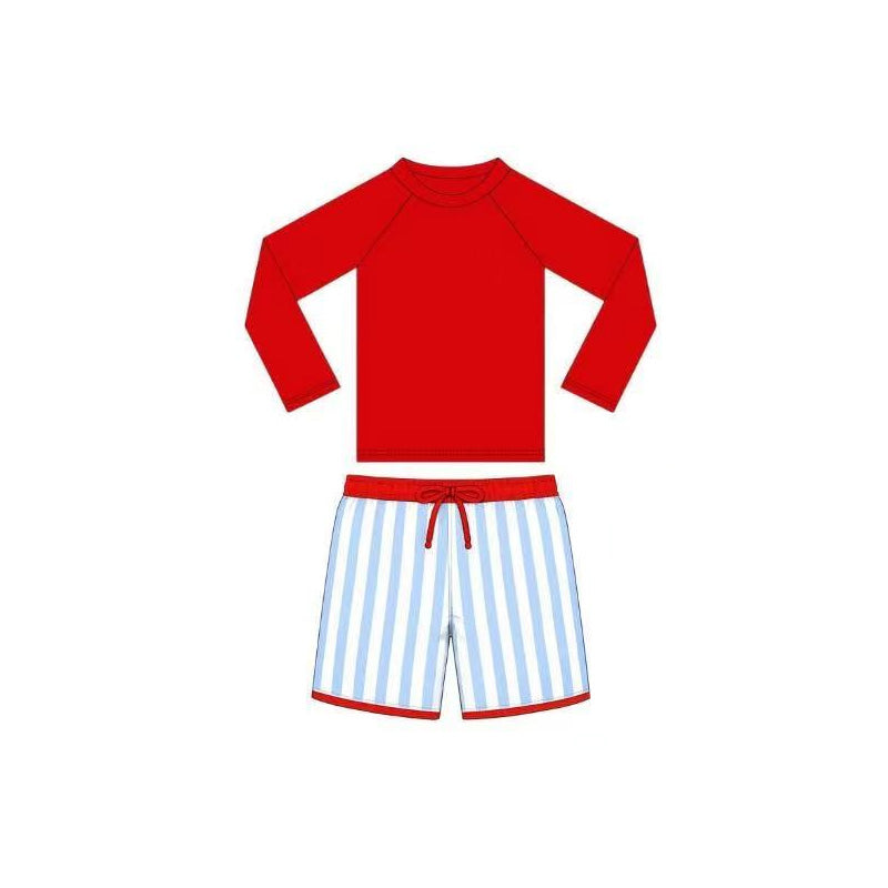 MOQ 5 PCS Preorder S0734 4th of July Solid Red Long Sleeve Top Blue Stripe Shorts Boys Sets Swimsuits 202602