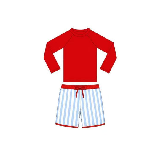 MOQ 5 PCS Preorder S0734 4th of July Solid Red Long Sleeve Top Blue Stripe Shorts Boys Sets Swimsuits 202602