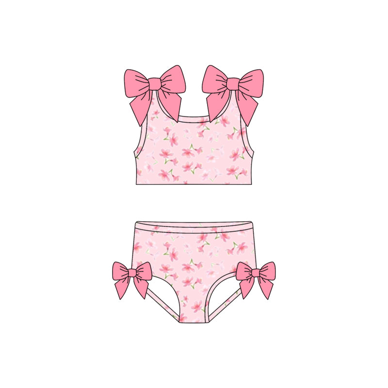 MOQ 5 PCS Preorder S0739 Flower Bows Pink Sleeveless Top with Bummies Swim Girls Sets Swimsuits 202603