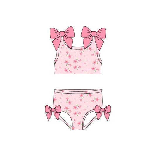 MOQ 5 PCS Preorder S0739 Flower Bows Pink Sleeveless Top with Bummies Swim Girls Sets Swimsuits 202603