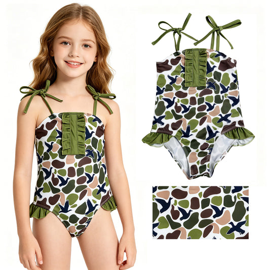 S0744 Duck Hunting Camouflage Dark Green Ruffle Sleeveless Bubble Romper Girls Swimsuits 202606 RTS