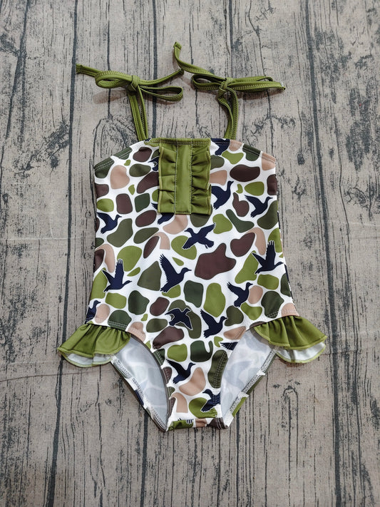 NO MOQ Preorder S0744 Duck Hunting Camouflage Dark Green Ruffle Sleeveless Bubble Romper Girls Swimsuits 202604