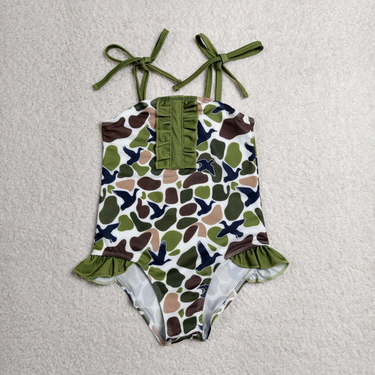S0744 Duck Hunting Camouflage Dark Green Ruffle Sleeveless Bubble Romper Girls Swimsuits 202606 RTS