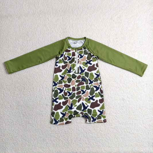 S0748 Duck Hunting Camouflage Dark Green Zipper Long Sleeve Romper Boys Swimsuits 202606 RTS