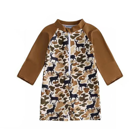 MOQ 5 PCS Preorder S0749 Deer Hunting Camouflage Brown Zipper Long Sleeve Romper Boys Swimsuits 202603