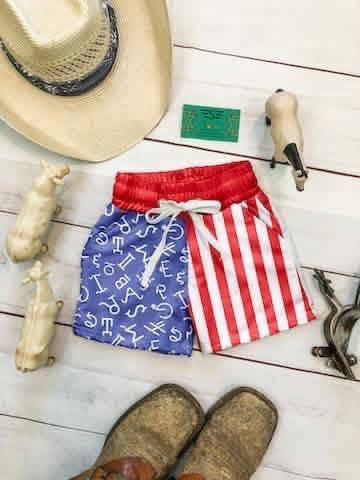 MOQ 5 PCS Preorder S0750 4th of July Letter Stripe Blue Red Shorts Boys Swimming Trunks 202603