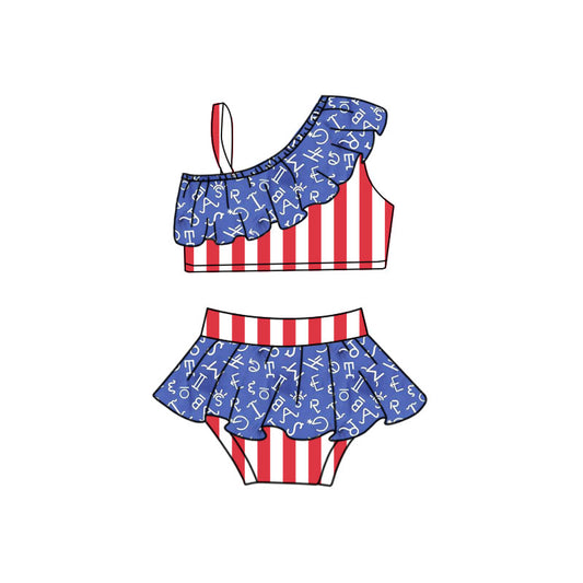 MOQ 5 PCS Preorder S0751 4th of July Letter Stripe Red Blue Ruffle Sleeveless Top with Ruffle Bummies Swim Girls Sets Swimsuits 202603