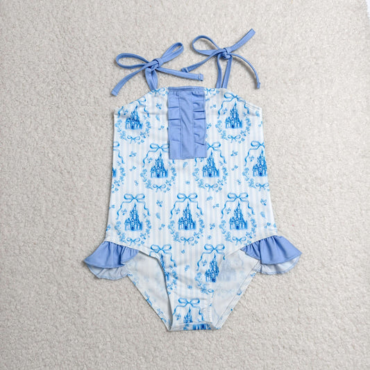 S0753 Bows Castle Stripe Blue Ruffle Sleeveless Bubble Romper Girls Swimsuits 202606 RTS