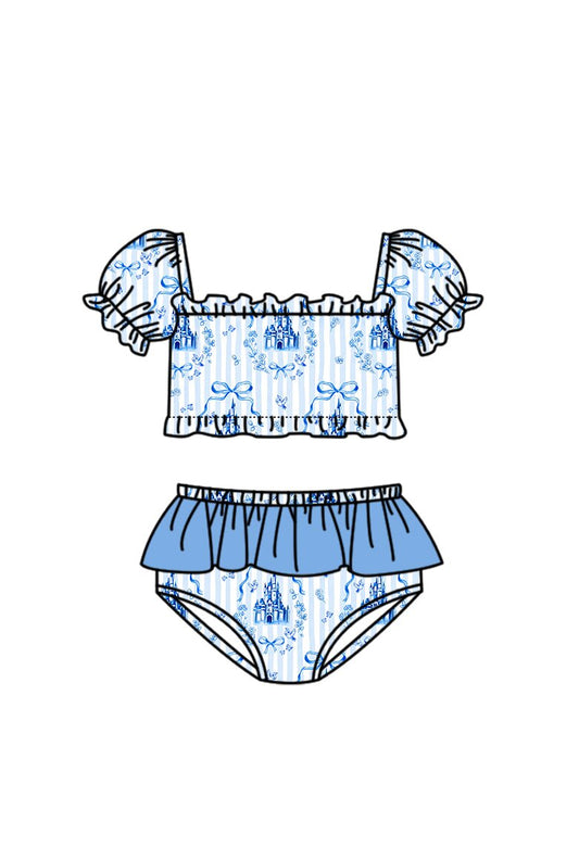MOQ 5 PCS Preorder S0758 Blue Bows Castle Stripe Ruffle Short Sleeve Top with Ruffle Bummies Swim Girls Sets Swimsuits 202603