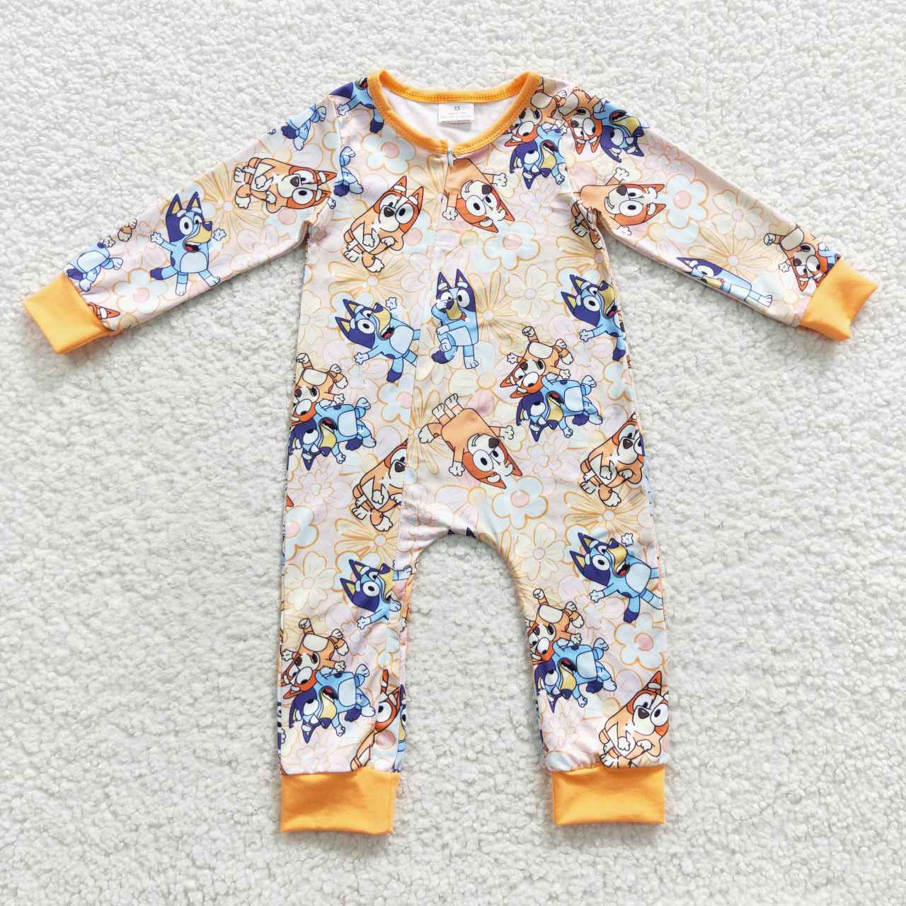 LR0360 Yellow Blue Dog Cartoon Zipper Girls Long Sleeve Romper