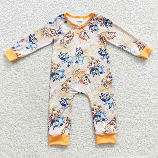 LR0360 Yellow Blue Dog Cartoon Zipper Girls Long Sleeve Romper