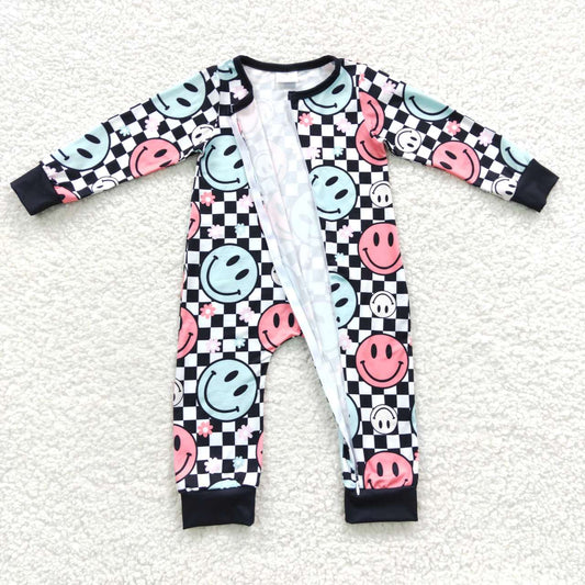 LR0304 Black Plaid Smile Emoji Cartoon Pink Zipper Girls Long Sleeve Romper