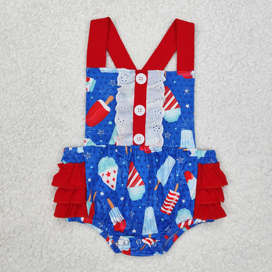 SR0015 Baby Red Blue ruffle jumpsuit summer romper with ice cream  202412RTS