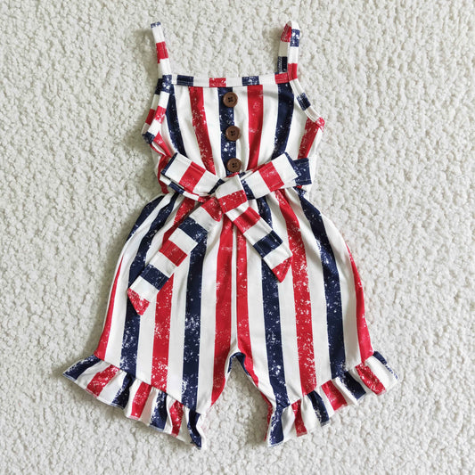 Clearance SR0032 Red and blue striped belt jumpsuit with button up for girls