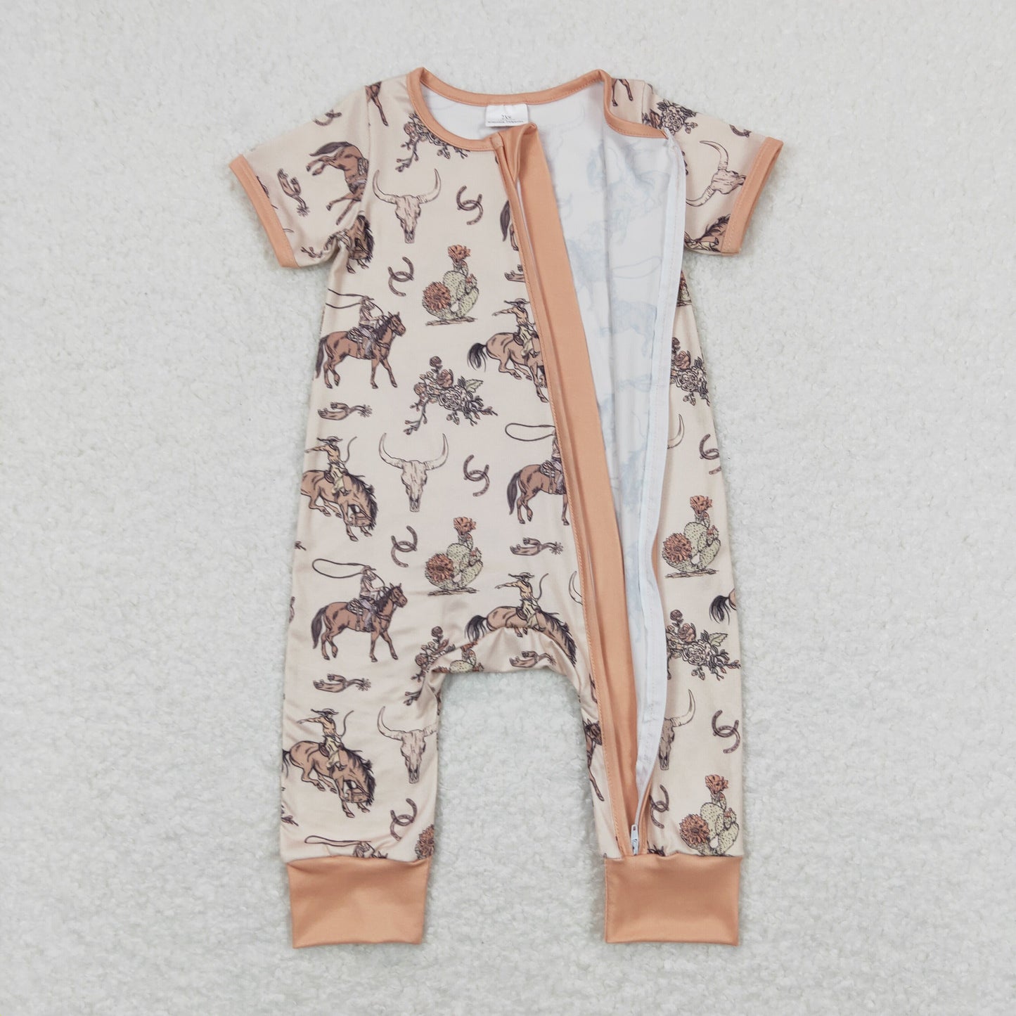 SR01220 Riding Alpine Bull Head Light Brown Zipper Short Sleeve Romper Baby Boy Boutique Outfits 20240402 RTS