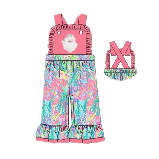 SR0404 Christmas Pink Blue Santa Cartoon Embroidery Girls Short Sleeve Jumpsuit Overall Pants