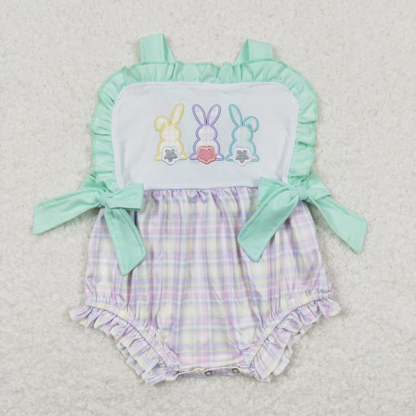 SR0543 Embroidered Easter Rabbit Ruffle Girls Sleeveless Romper RTS 202508
