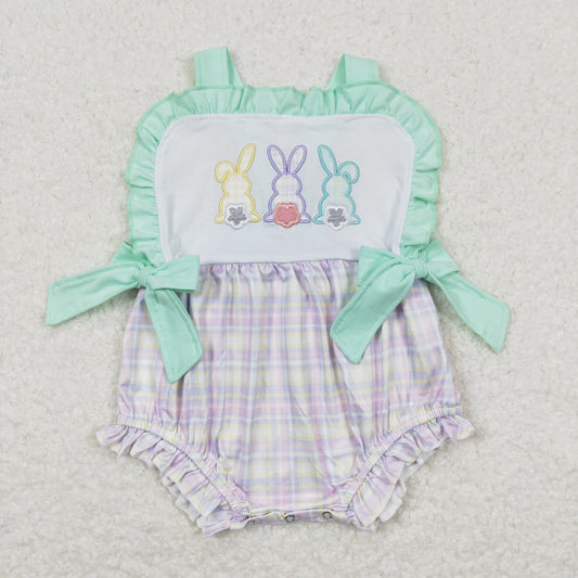 SR0543 Embroidered Easter Rabbit Ruffle Girls Sleeveless Romper RTS 202508