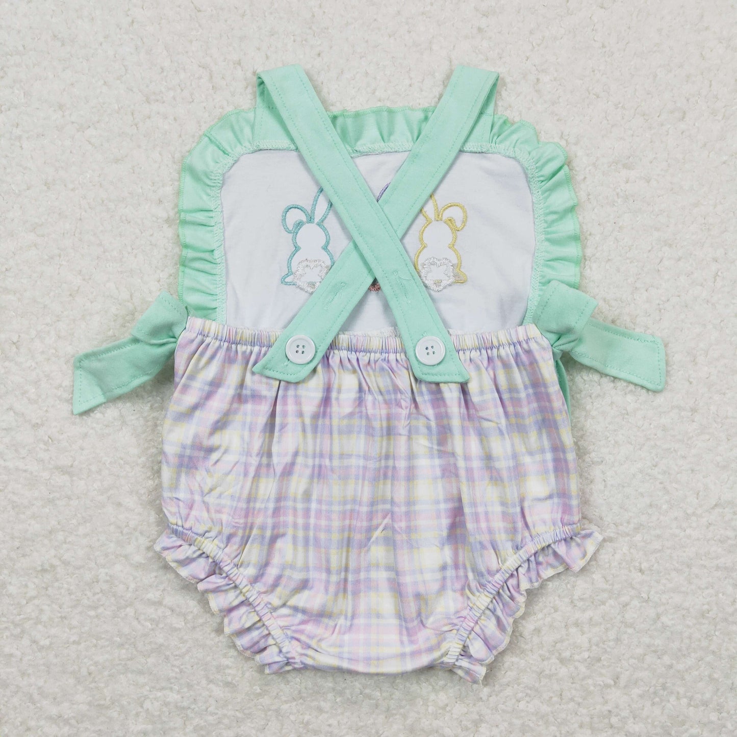 SR0543 Embroidered Easter Rabbit Ruffle Girls Sleeveless Romper RTS 202508