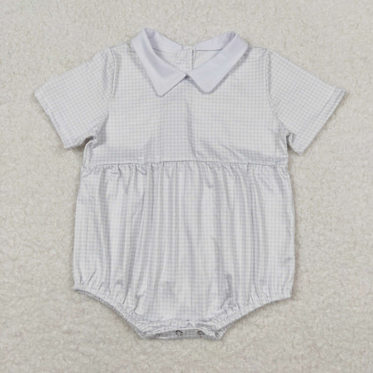 SR0598 White Plaid Doll Collar Short Sleeve Boys Bubble Romper RTS 202508