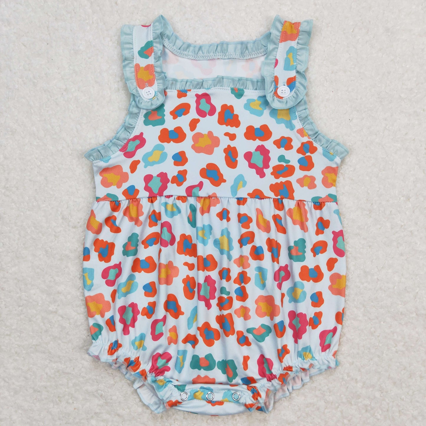 SR0604 Colored Leopard Blue Ruffle Sleeveless Girls Bubble Rompers RTS 202509