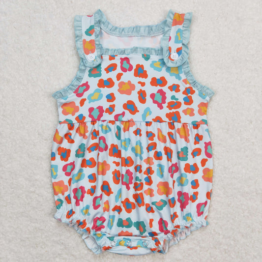 SR0604 Colored Leopard Blue Ruffle Sleeveless Girls Bubble Rompers RTS 202509